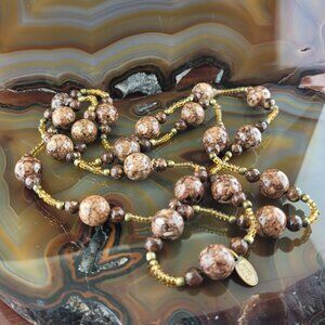 Vintage Judie Ingram Brown Granite & Amber Glass Beaded Necklace 34"